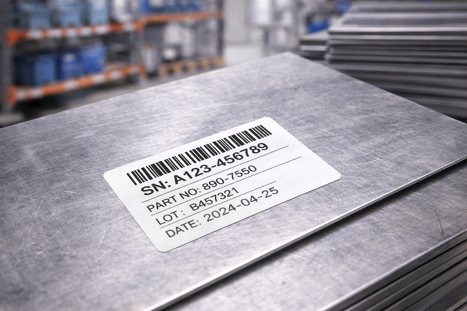 Vit etikett p&aring; pl&aring;t