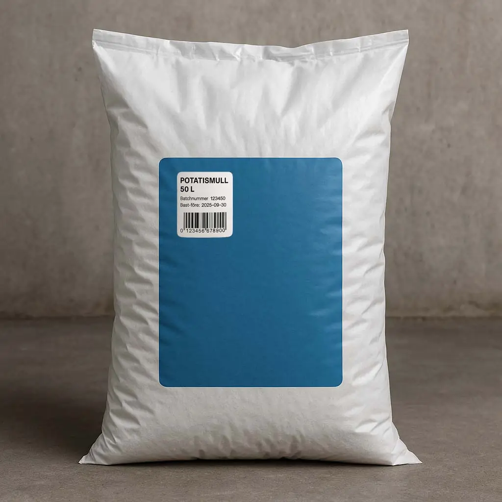 Produktmärkning på plastsäck med etikett
